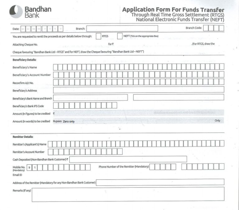 Bandhan Bank RTGS Application Form 2021 PDF Download Bandhan Bank