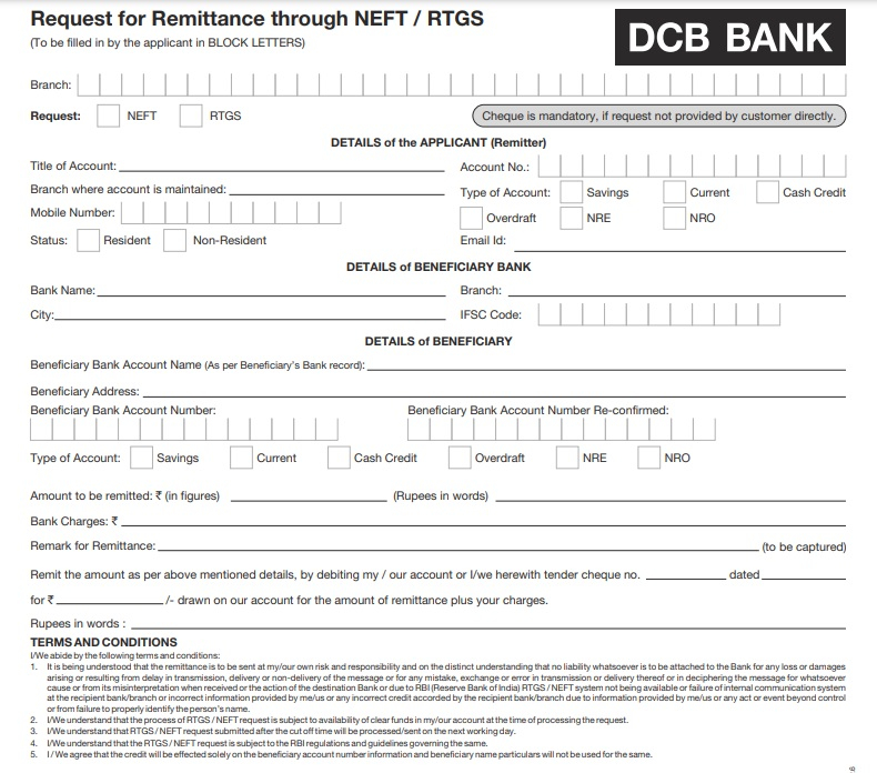 DCB Bank Ltd RTGS Application Form 2021 PDF Download DCB Bank Ltd