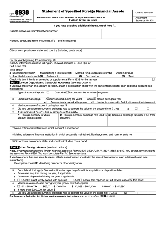 Fillable Form 8938 Statement Of Specified Foreign Financial Assets 