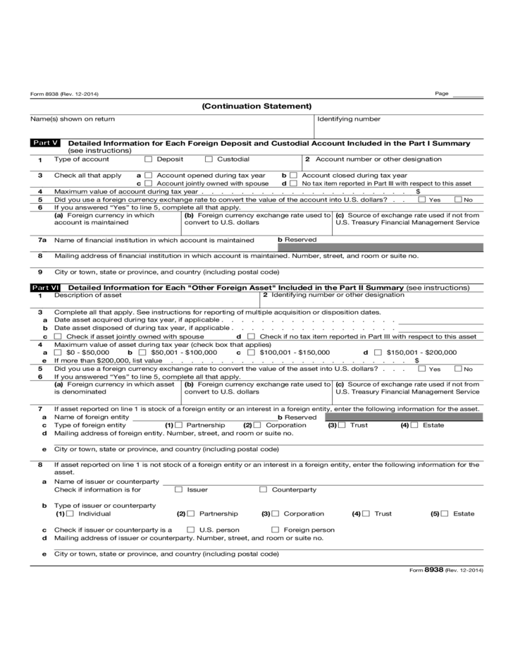 Form 8938 Statement Of Foreign Financial Assets 2014 Free Download