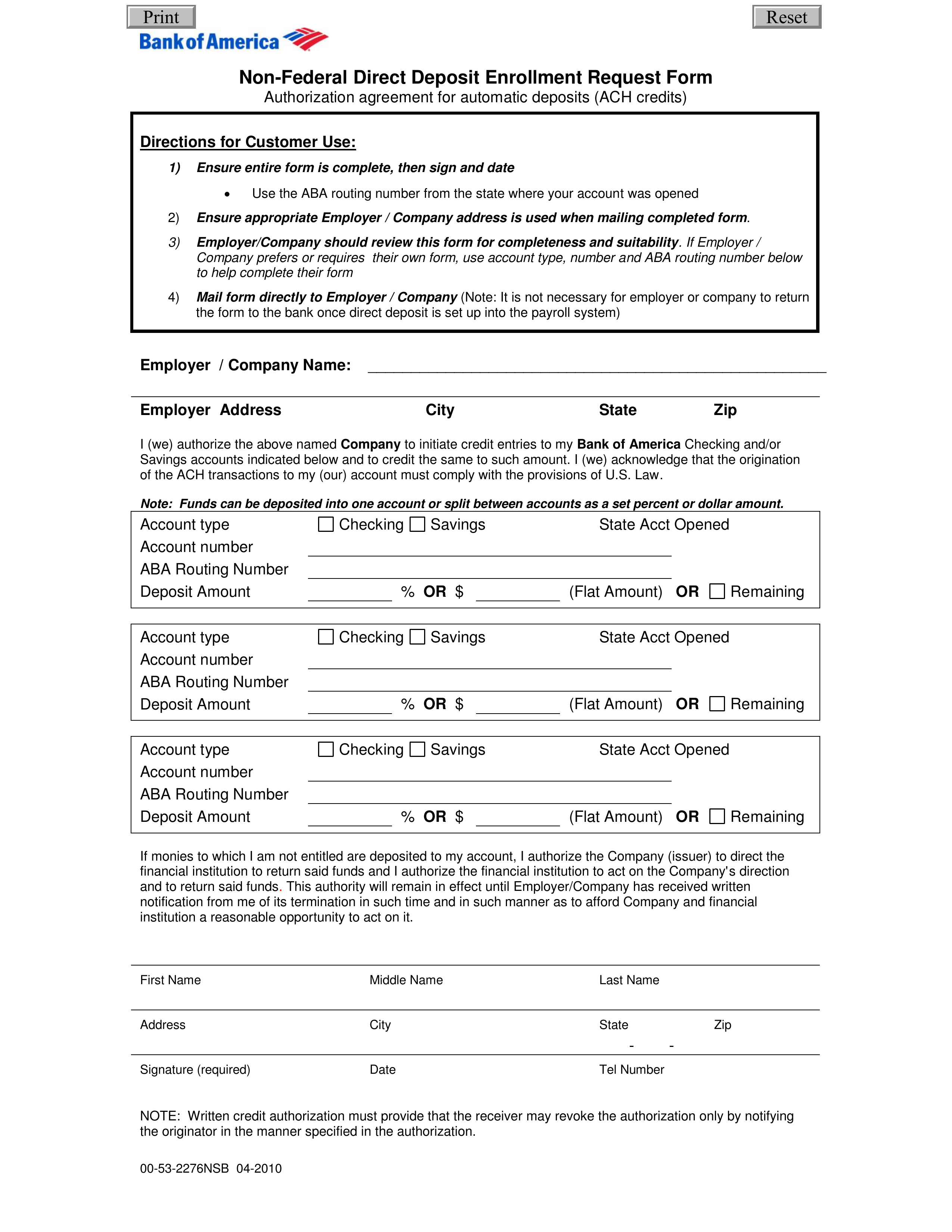 Free Bank Of America Direct Deposit Form PDF EForms