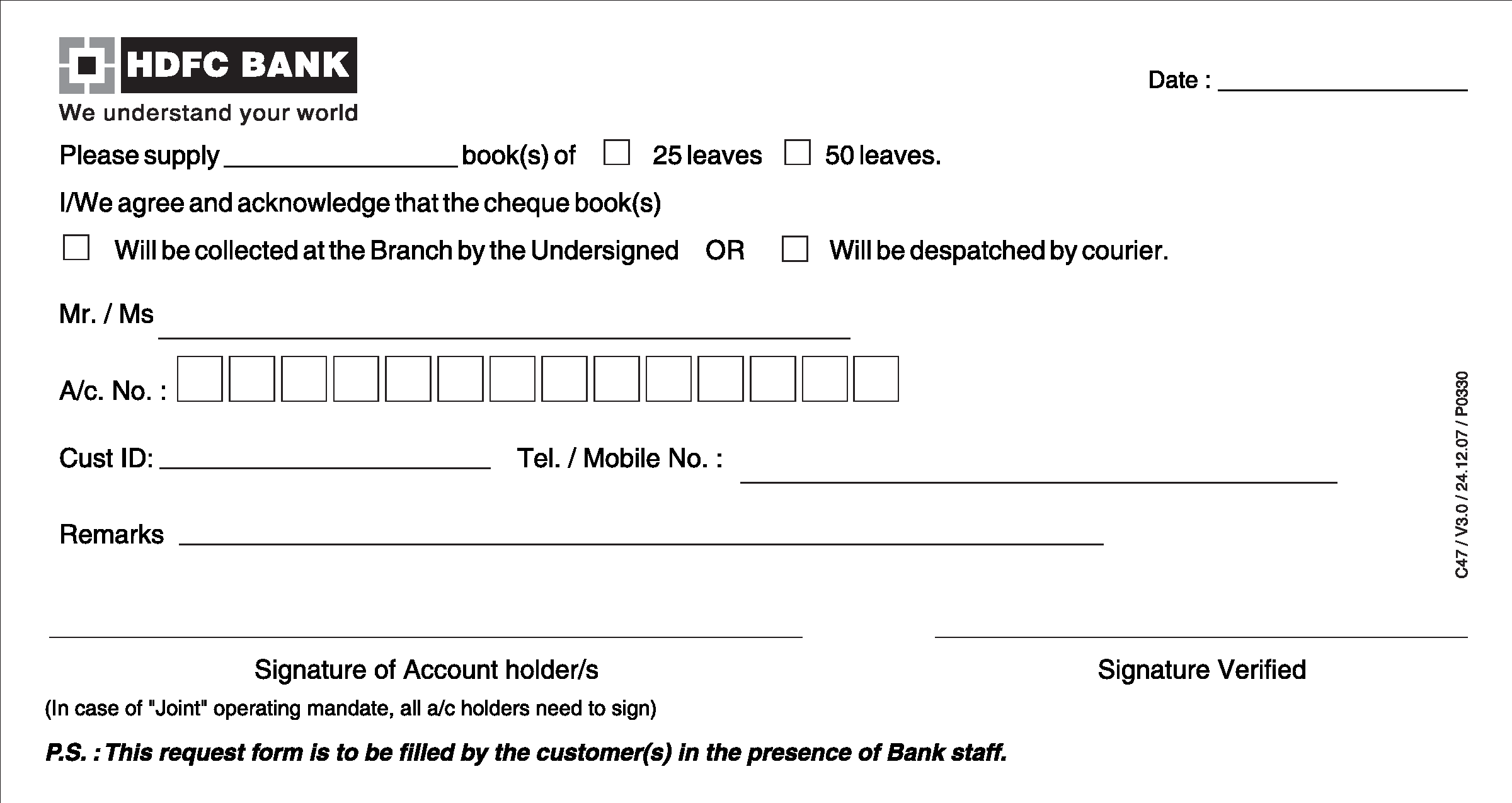 Free HDFC India Cheque Book Request Form PDF Template Form Download