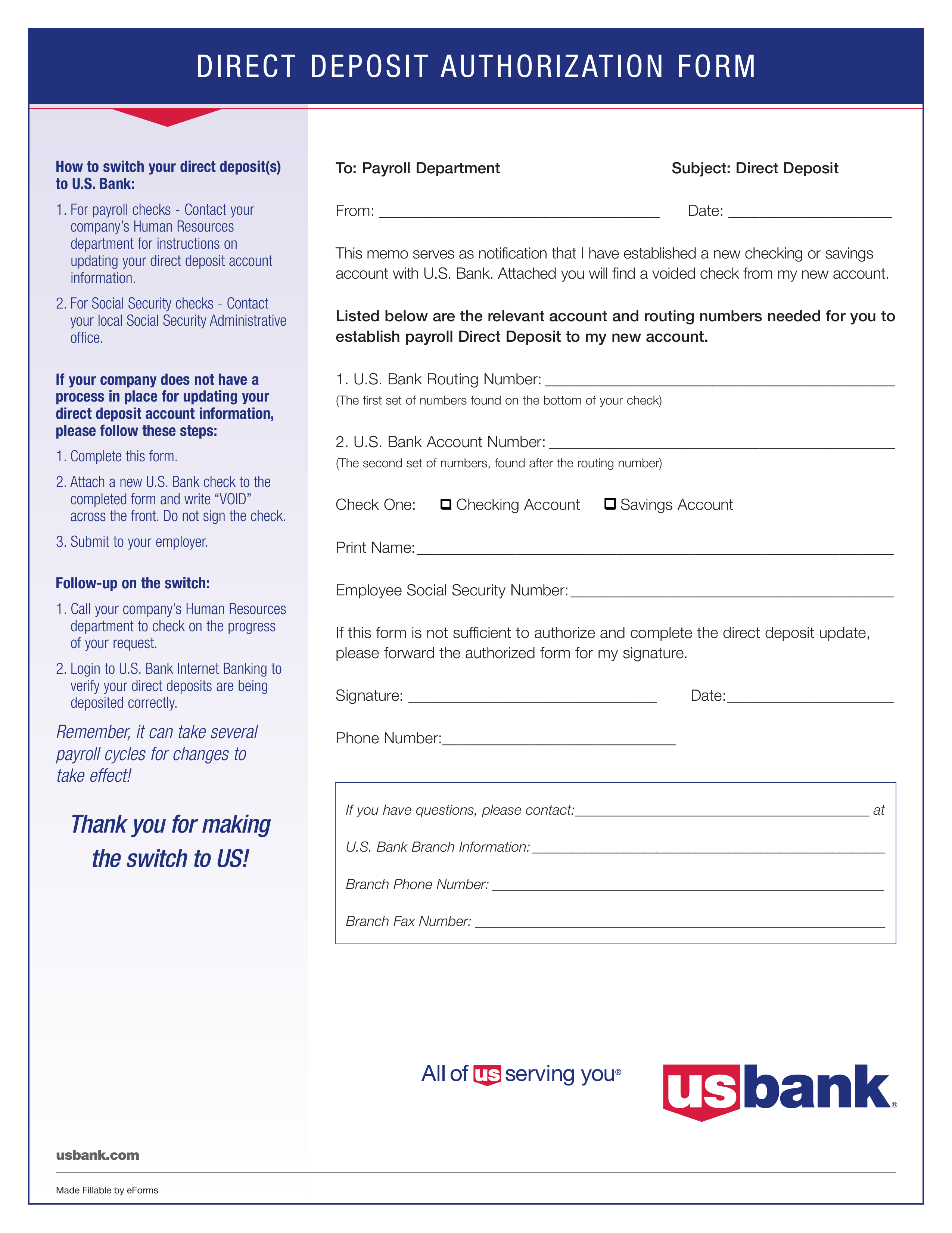 Free U S Bank Direct Deposit Authorization Form PDF EForms Free