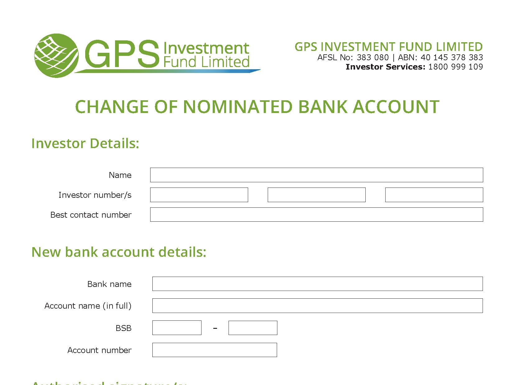GPS Investment Fund Limited Nominated Bank Account GPS Investment