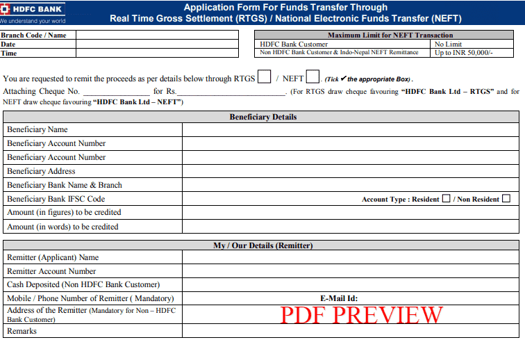 HDFC BANK RTGS NEFT Form PDF Download Application Form PDF