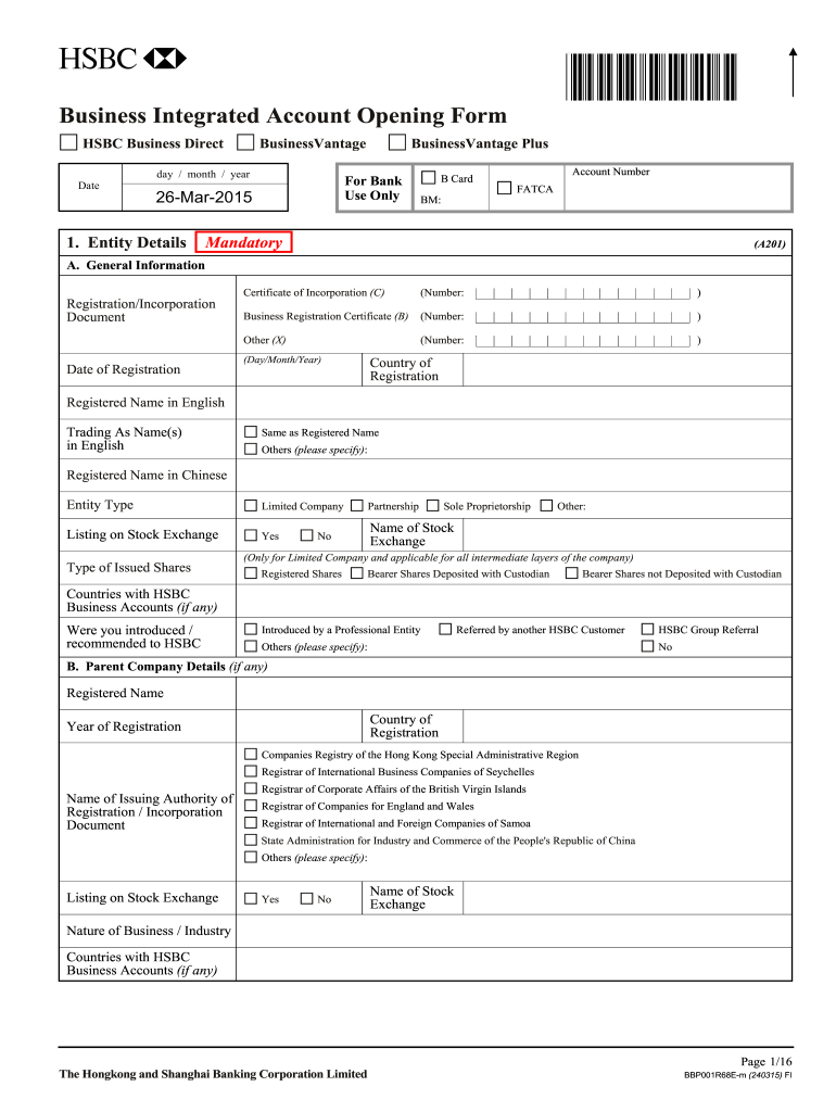 Hsbc Business Integrated Account Opening Form Fill Out And Sign 