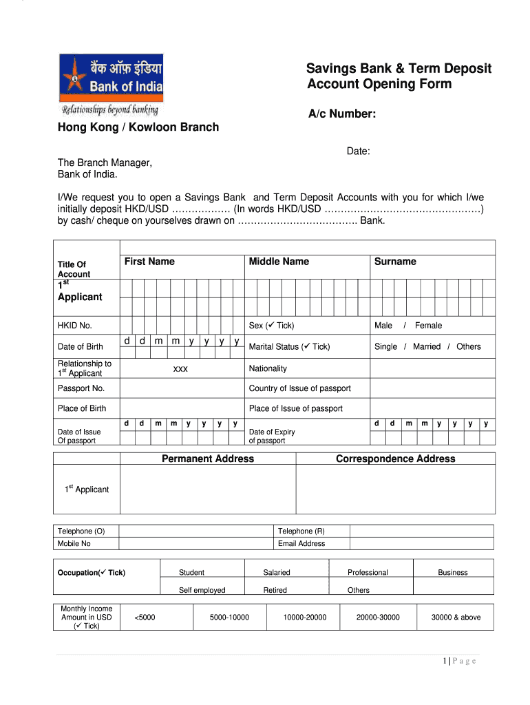 IN Bank Of India Savings Bank Term Deposit Account Opening Form