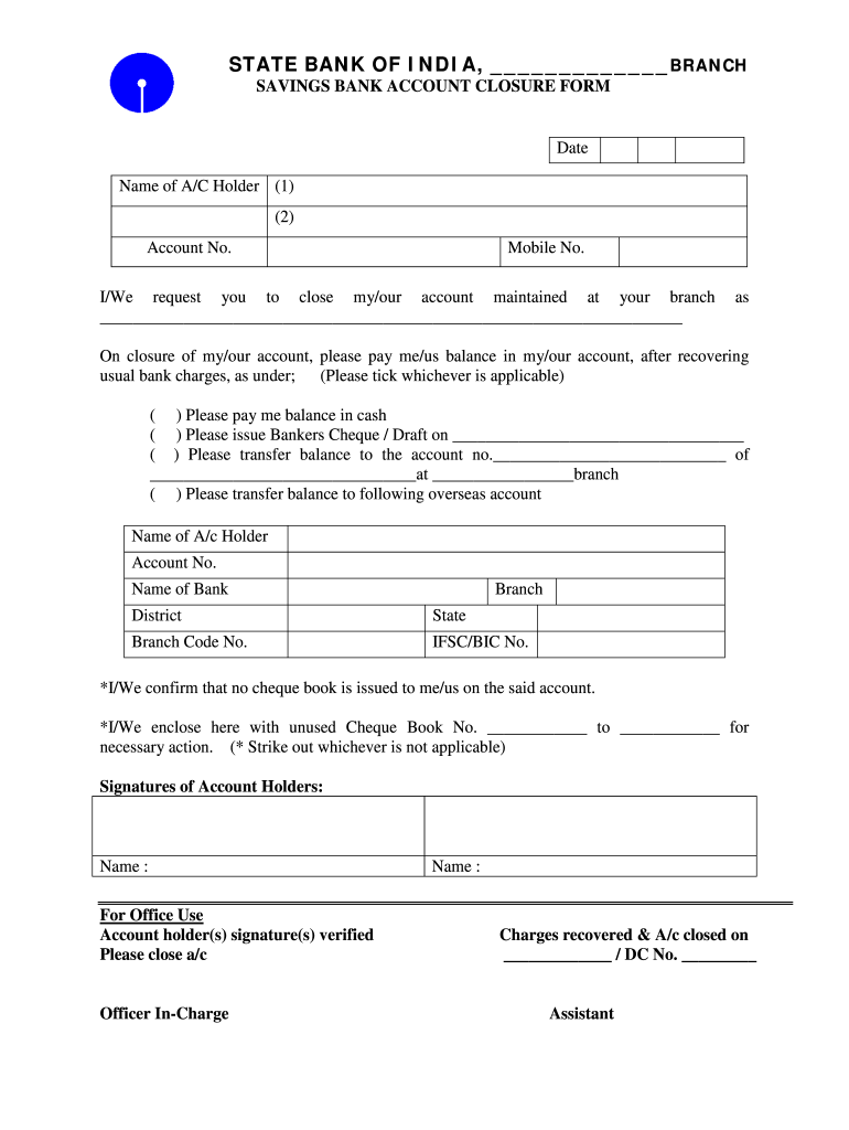 IN State Bank Of India Savings Bank Account Closure Form Fill And
