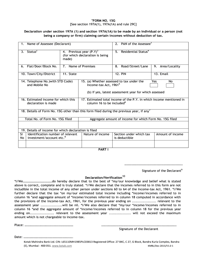 India Form 15G Kotak Mahindra Bank 2015 Fill And Sign Printable