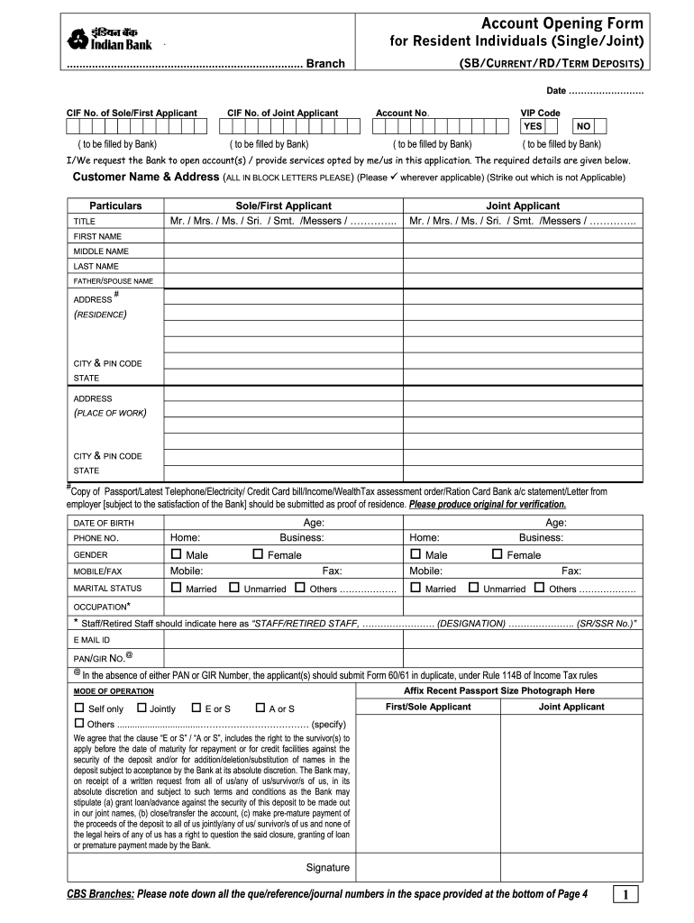 Indian Bank Account Opening Form Fill Out And Sign Printable PDF 