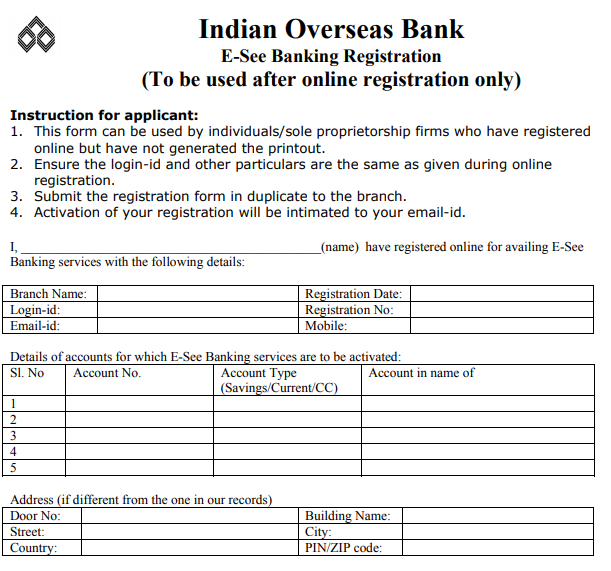 IOB Net Banking Registration Form For Current Account PDF Correction 