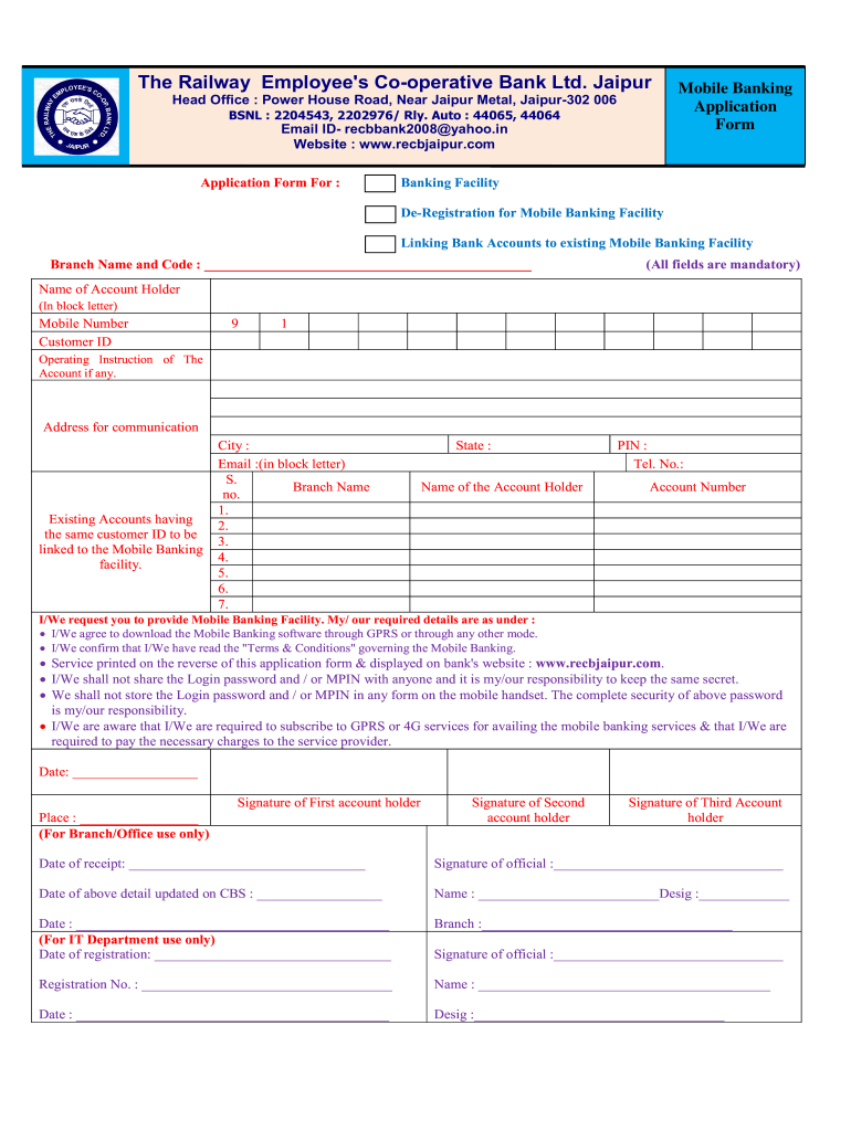 Mobile Banking Application Form Recbjaipur 2020 2021 Fill And