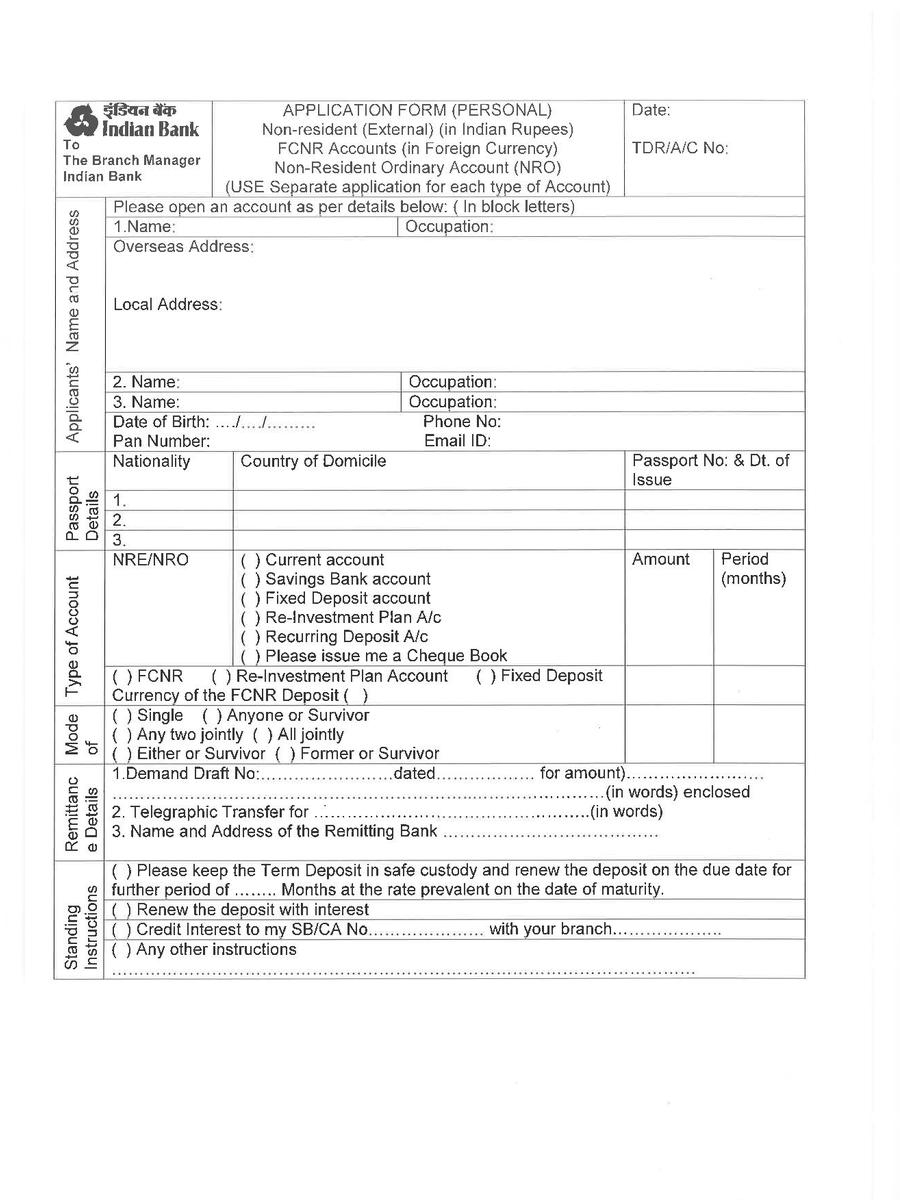 PDF Allahabad Bank NRI Account Opening Form PDF Download In Hindi