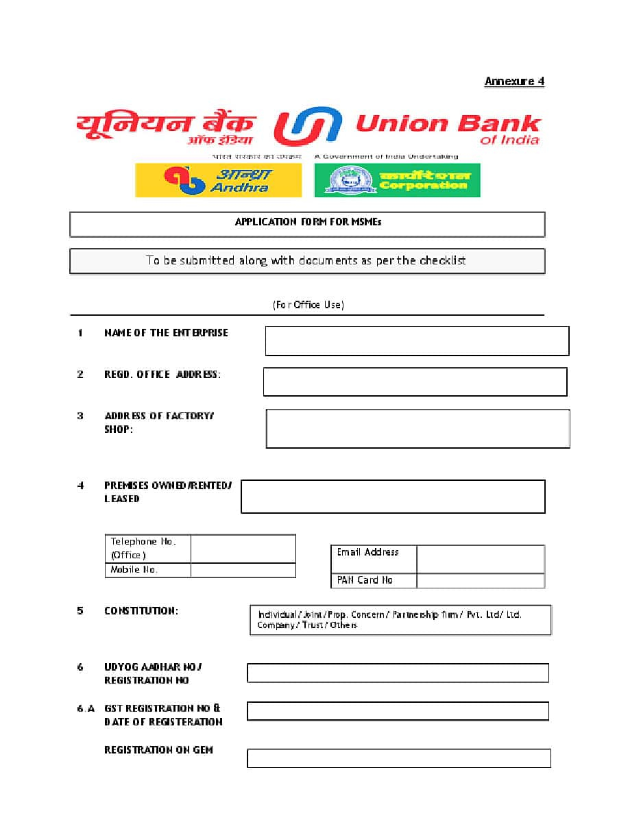 PDF Union Bank Of India Loan For MSME Application Form PDF Download