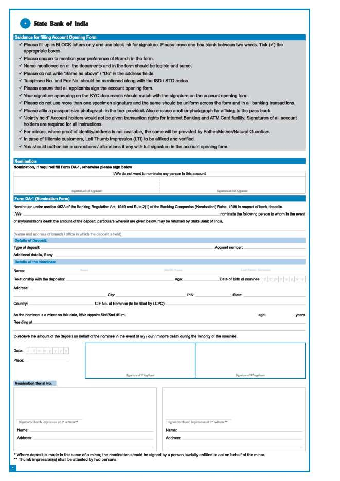 State Bank Of India New Account Opening Form Download 2020 2021 