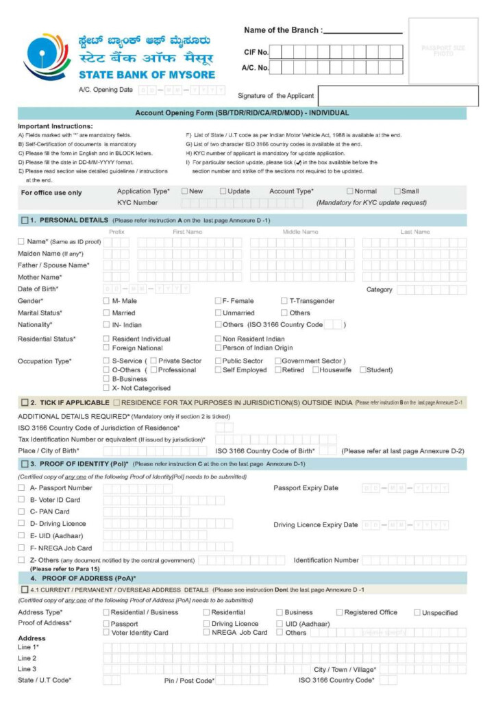 State Bank Of Mysore New Account Opening Application Form 2019 2020 