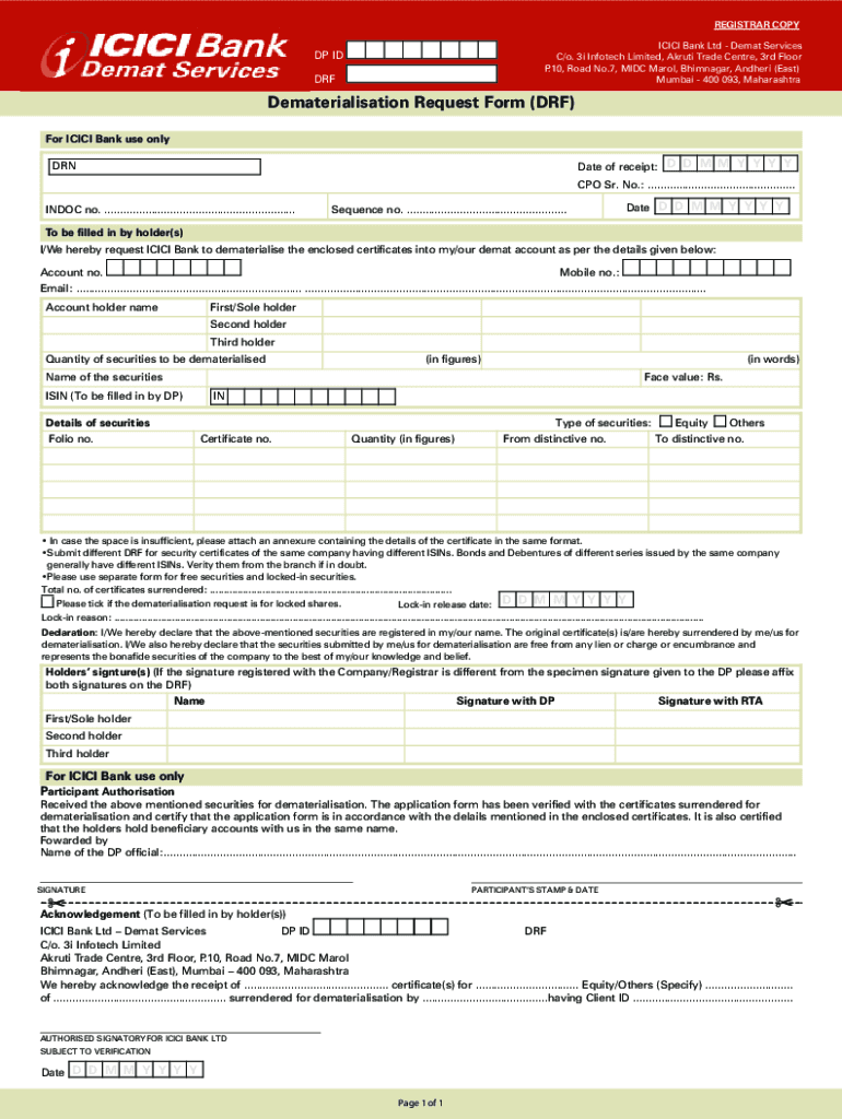 2015 2023 India ICICI Bank Dematerialisation Request Form DRF Fill