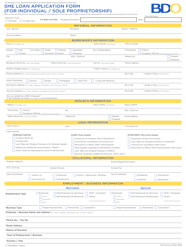 2018 2022 PH BDO SME Loan Application Form for Individual Sole 