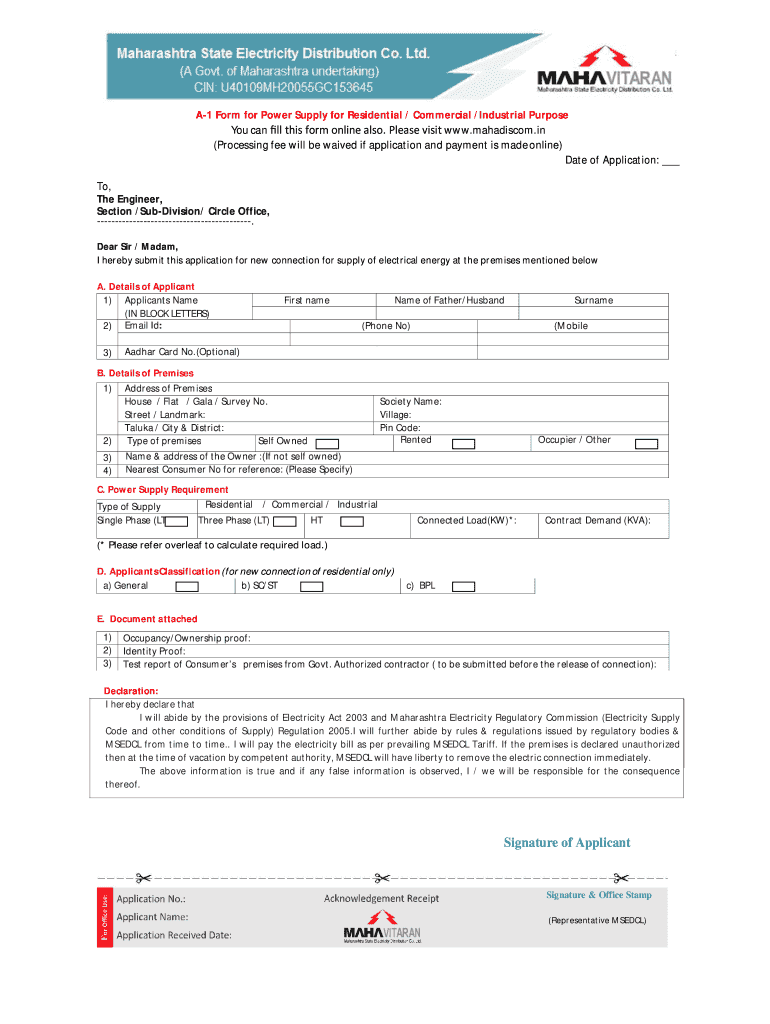 A1 Form Msedcl Fill Online Printable Fillable Blank PdfFiller