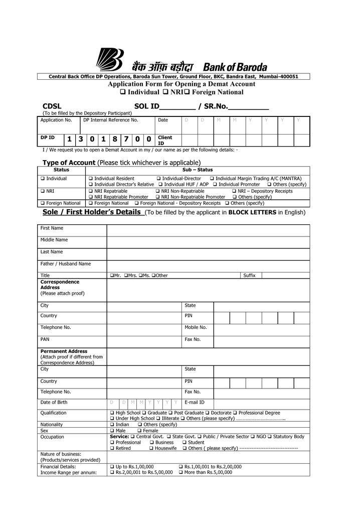 Application Form For Opening A Demat Account Individual