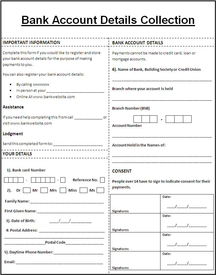 Bank Account Form Free Word Templates