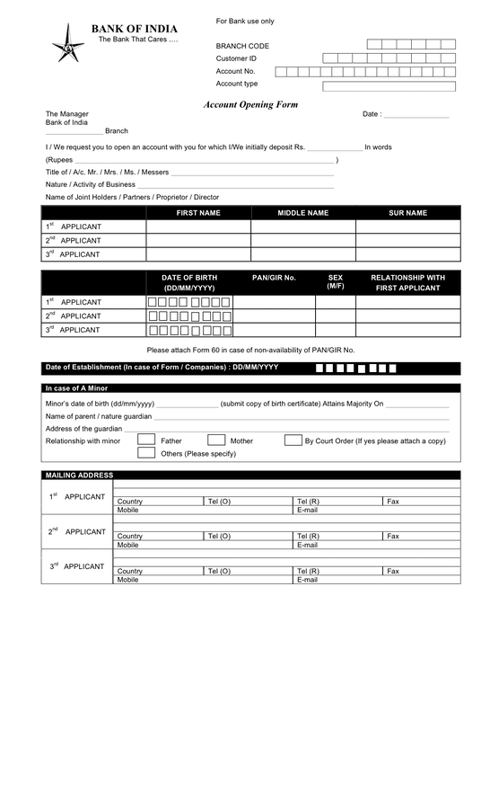 Bank Account Opening Form Template In Word And Pdf Formats