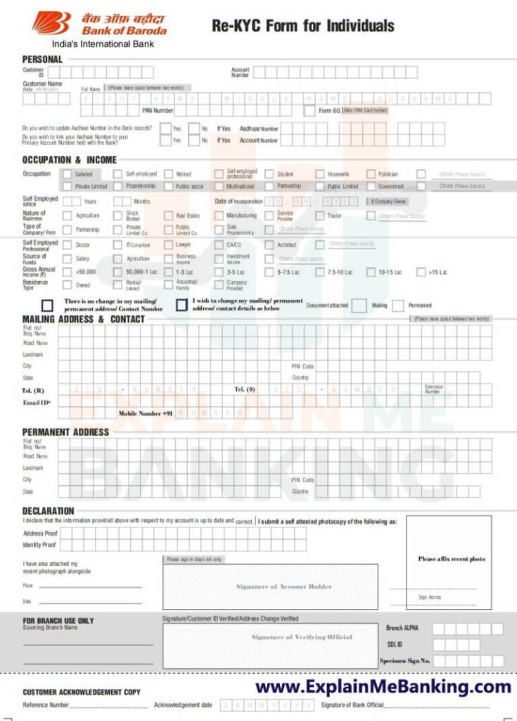 Bank Of Baroda BOB KYC Form PDF Download
