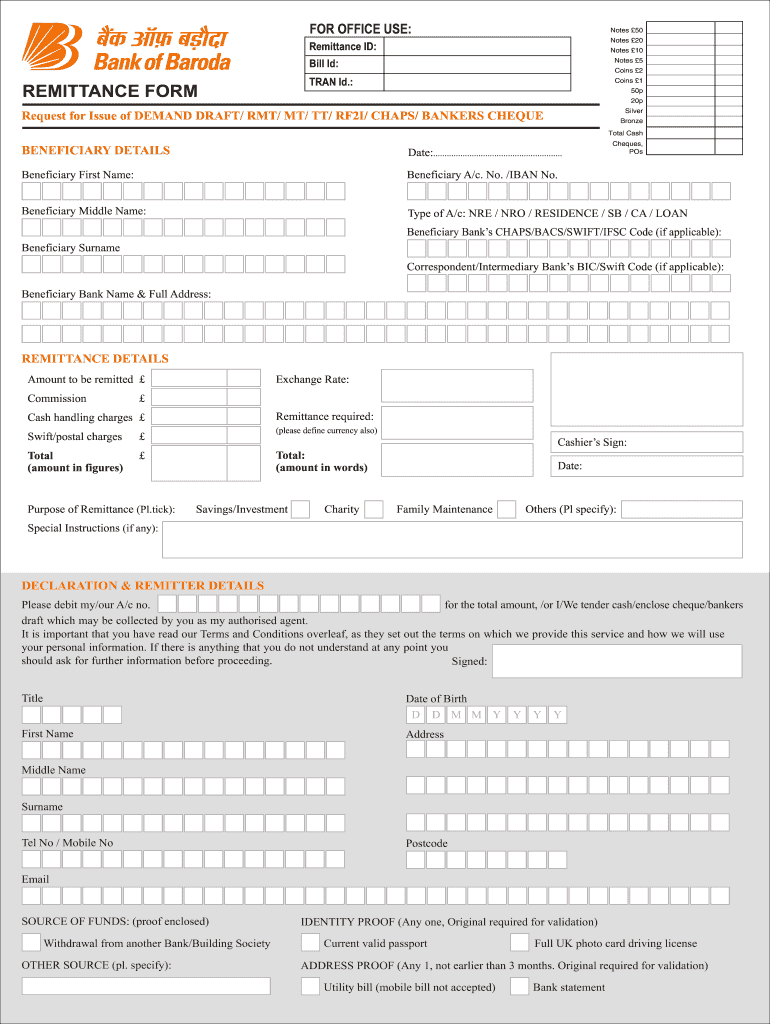 Bank Of Baroda Remit Form Fill Out And Sign Printable PDF Template 