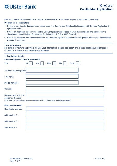Cardholder Application Form Ulster Bank