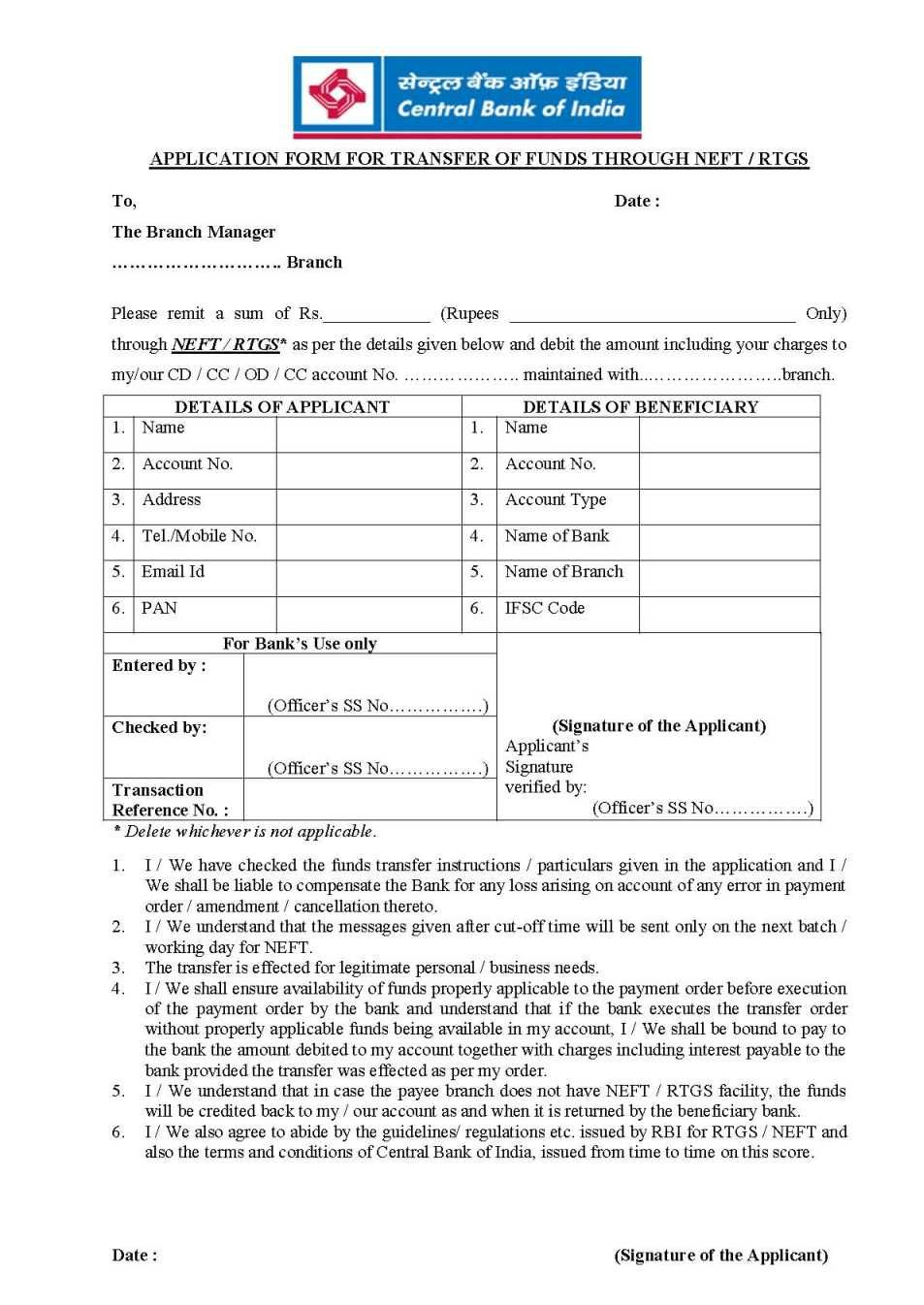 Central Bank Of India NEFT RTGS Application Form PDF Download