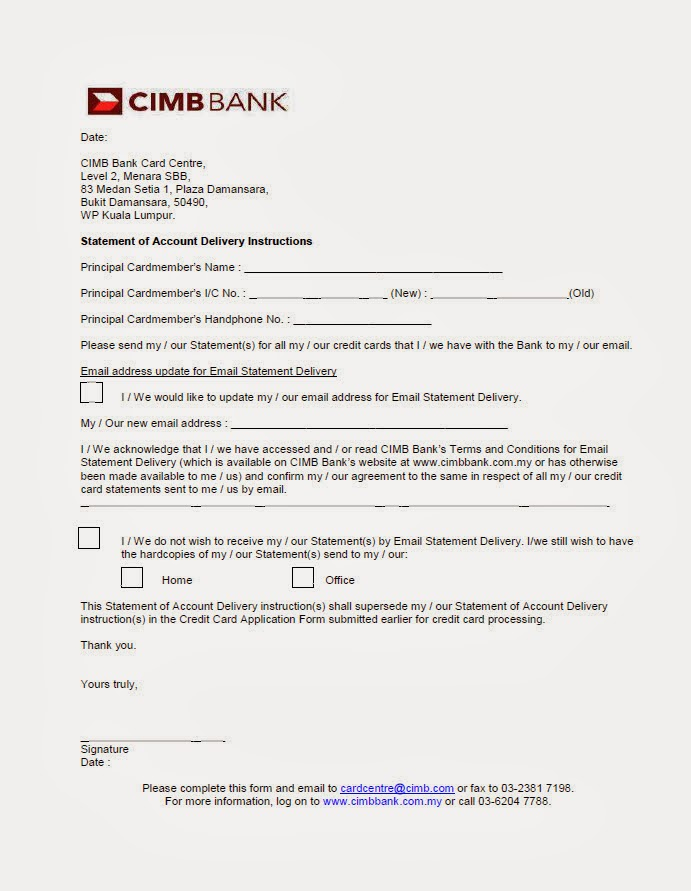 CIMB Credit Card Statement Of Account Delivery Instructions Form The
