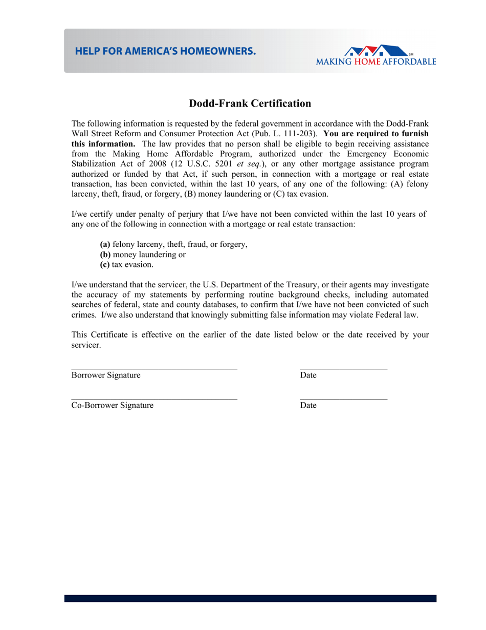 Dodd Frank Certification Form Download Printable PDF Templateroller