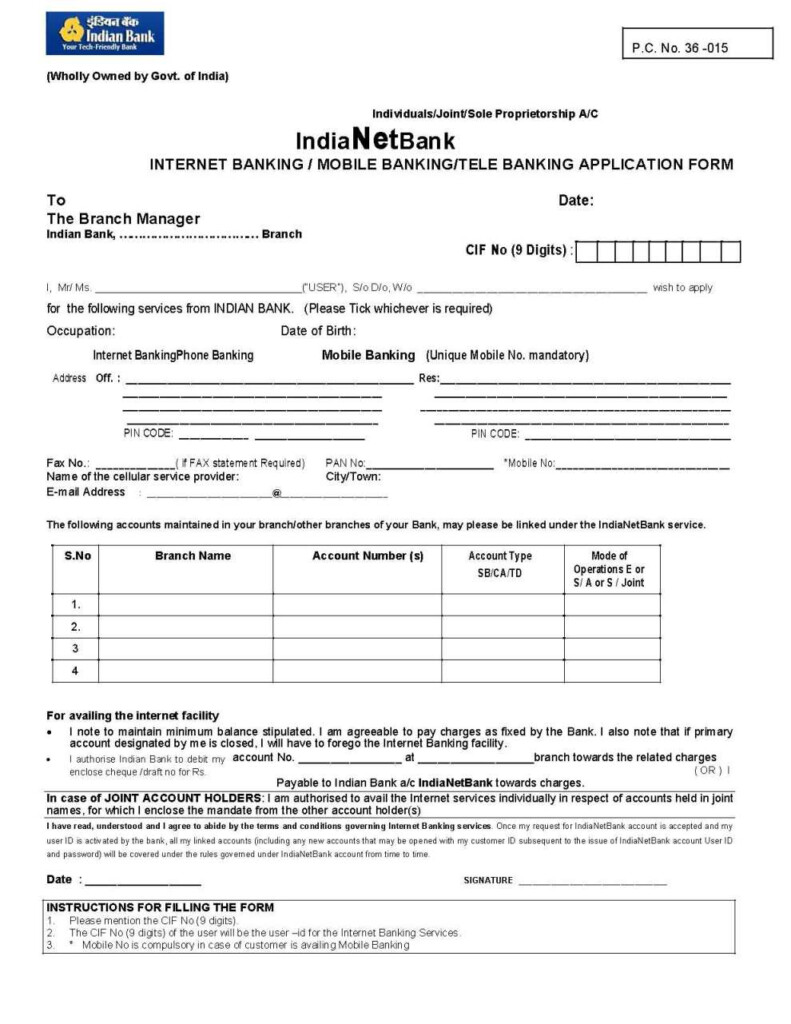 Download Bank Of India Internet And Mobile Banking Form FINANCE 