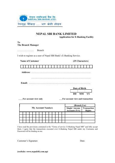 E Banking Application Form Nepal SBI Bank Ltd 