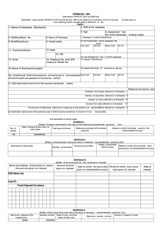 Form No 15h Declaration Under Section 197a 1c Of The Incometax Act