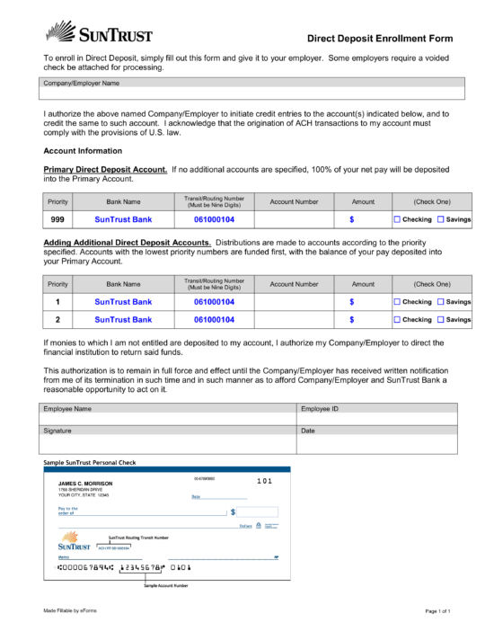 Free SunTrust Bank Direct Deposit Authorization Form PDF EForms