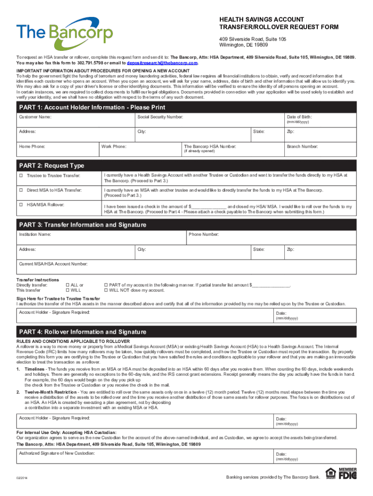 HEALTH SAVINGS ACCOUNT TRANSFER ROLLOVER REQUEST Fill Out Sign 