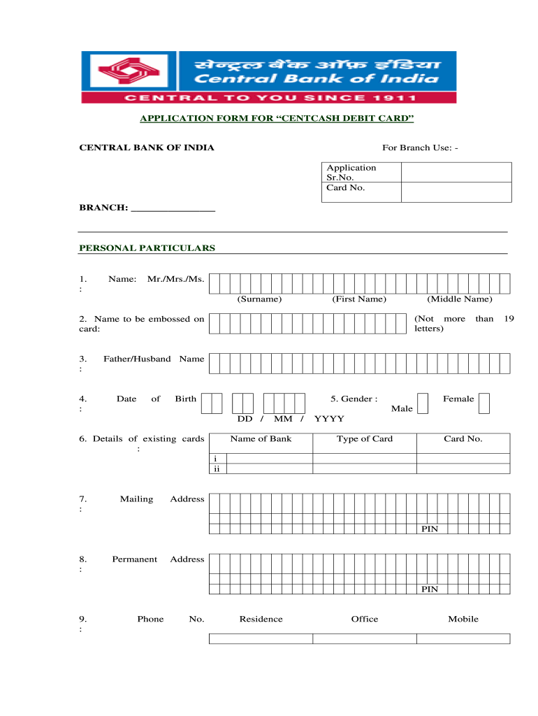 IN Central Bank Of India Application Form For Centcash Debit Card 
