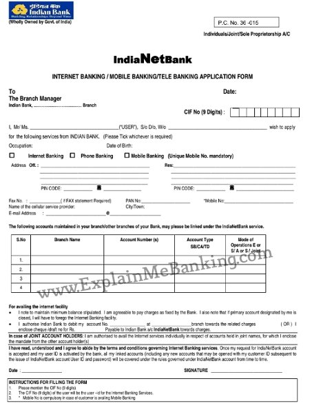 Indian Bank Net Banking Form PDF Download Indian Bank Internet