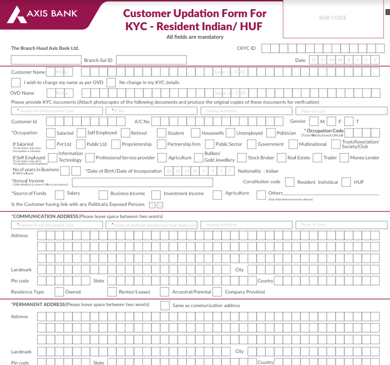 PDF Axis Bank Re KYC Form PDF Govtempdiary