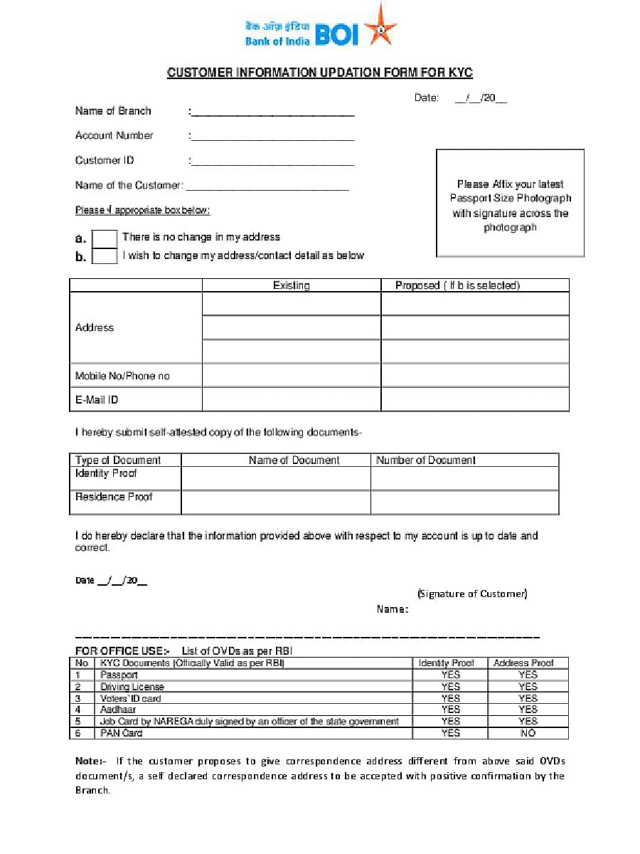 PDF Bank Of India KYC Form PDF Download InstaPDF