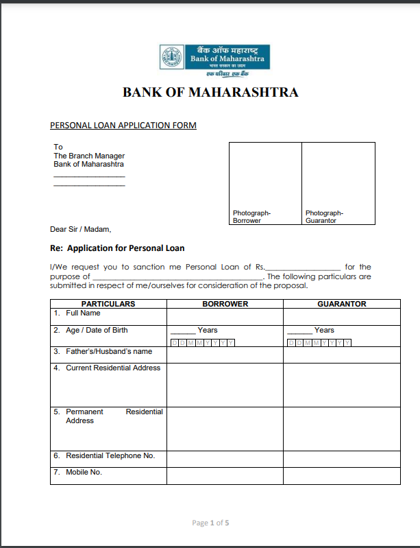 PDF Bank Of Maharashtra Personal Loan Application Form