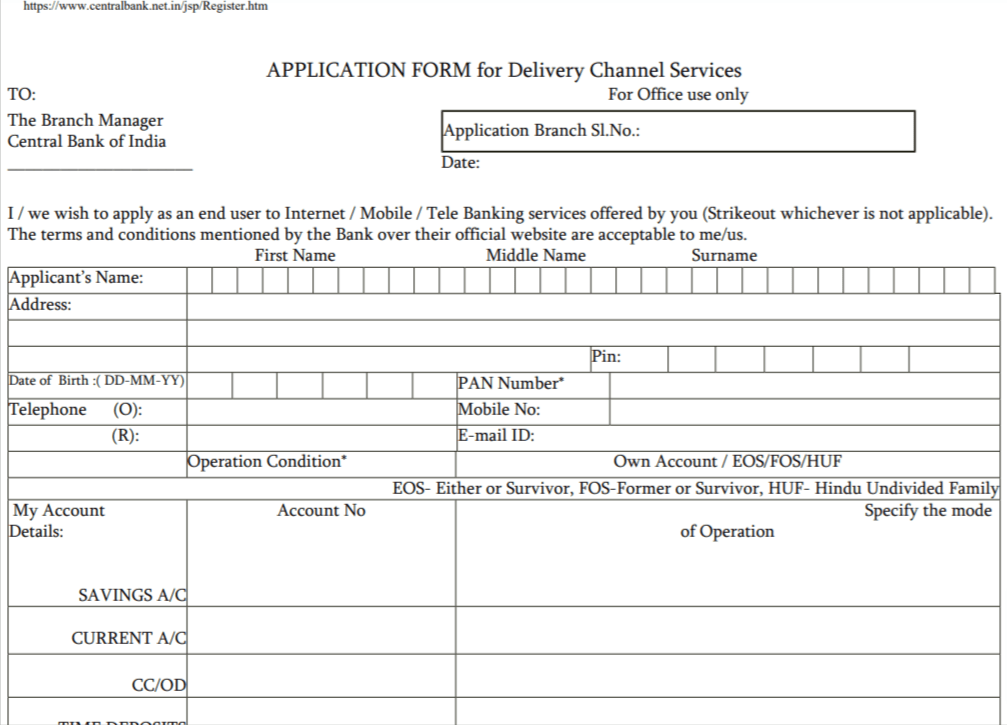 PDF Central Bank Of India Net Banking Application Form