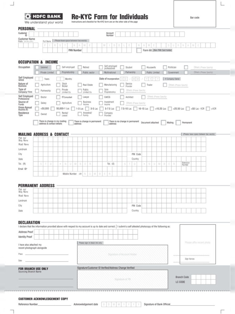  PDF HDFC Bank Re KYC Form For Individuals PDF Download InstaPDF