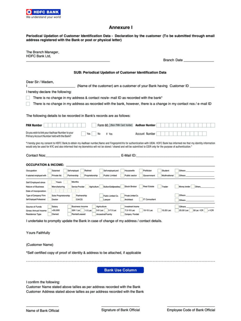  PDF HDFC Bank RE KYC Self Declaration Individuals PDF Download 