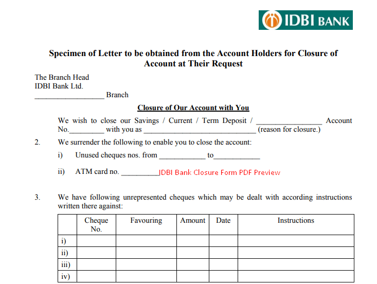 PDF IDBI Bank Account Closure Form Pdf Download