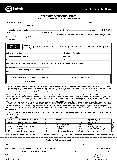 PDF Kotak Mahindra Bank RTGS NEFT Application Form PDF Download
