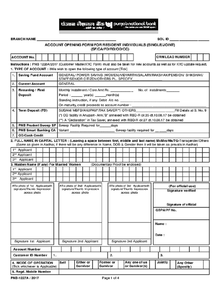  PDF PNB Single Joint Account Opening Form For Indian PDF Download 