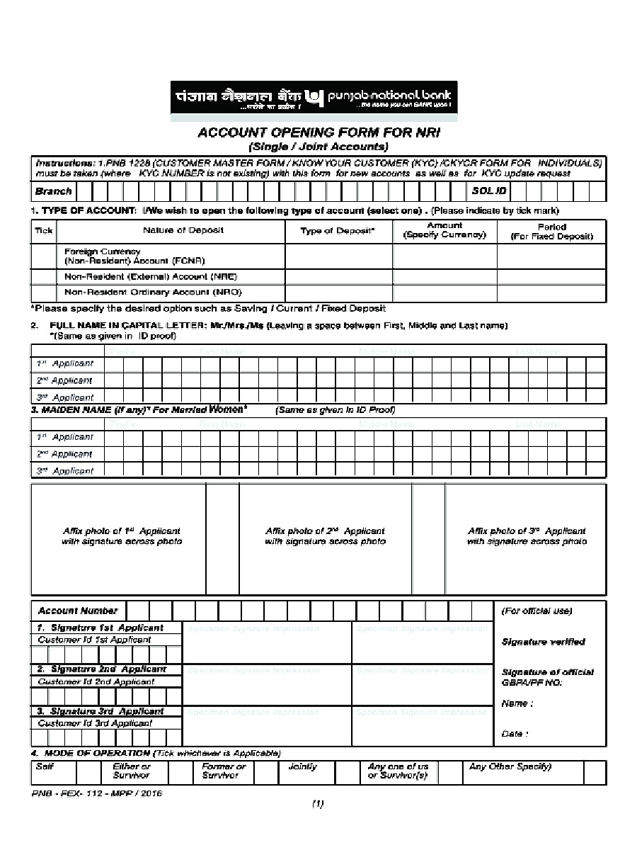 PDF PNB Single Joint Account Opening Form For NRI PDF Download