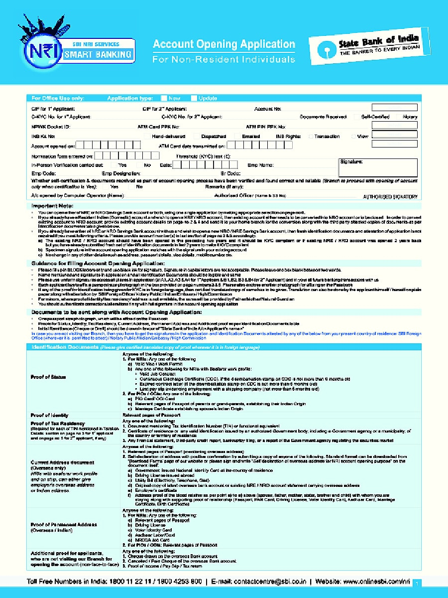 PDF SBI Individuals Opening Form For NRO NRE Account PDF Download